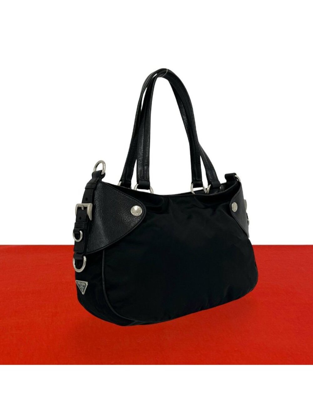 Prada Triangle Logo Tessuto Nylon Leather Tote Bag Black